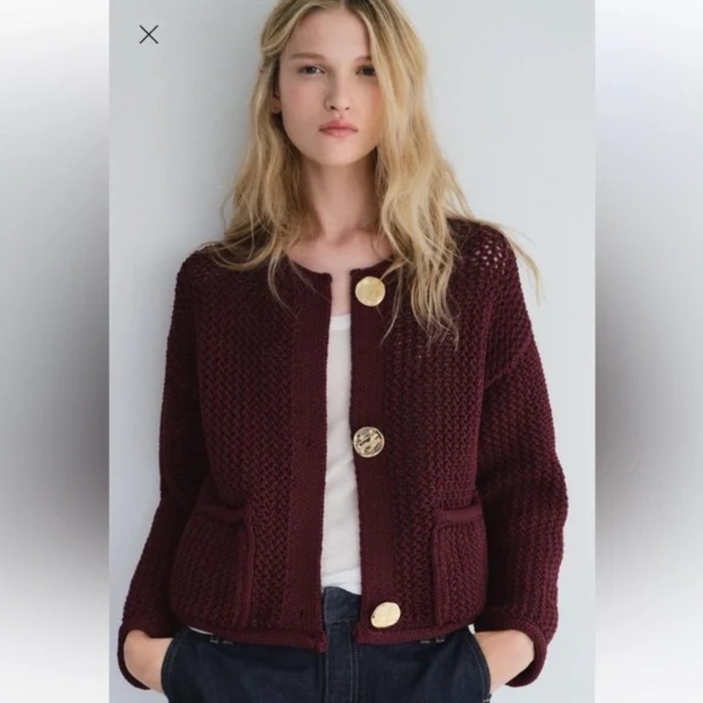 ZARA FW24 WOMAN CHUNKY-KNIT CARDIGAN POCKETS GOLDEN BUTTONS MAROON